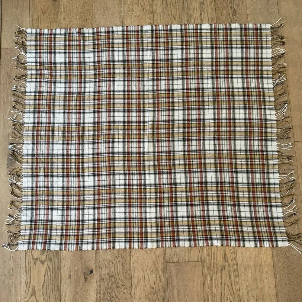Pottery Barn Plaid Throw Blanket Yellow Brown Cream Fringe 50x60 Fall